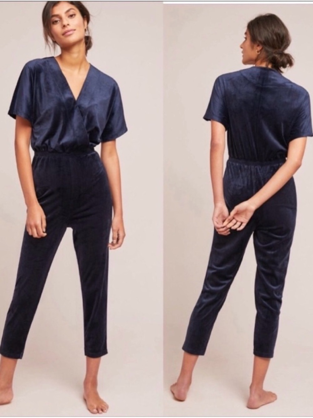Anthropologie Saturday Sunday Velour Cross Front Jumpsuit Navy Blue